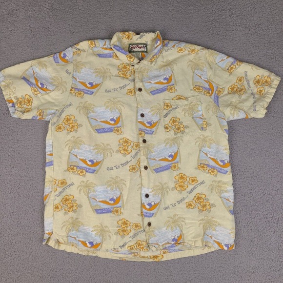 Big Dogs Hawaiian‎ Shirt Men's Medium Yellow Linen Blend Button Down Get Er Done - Picture 1 of 12
